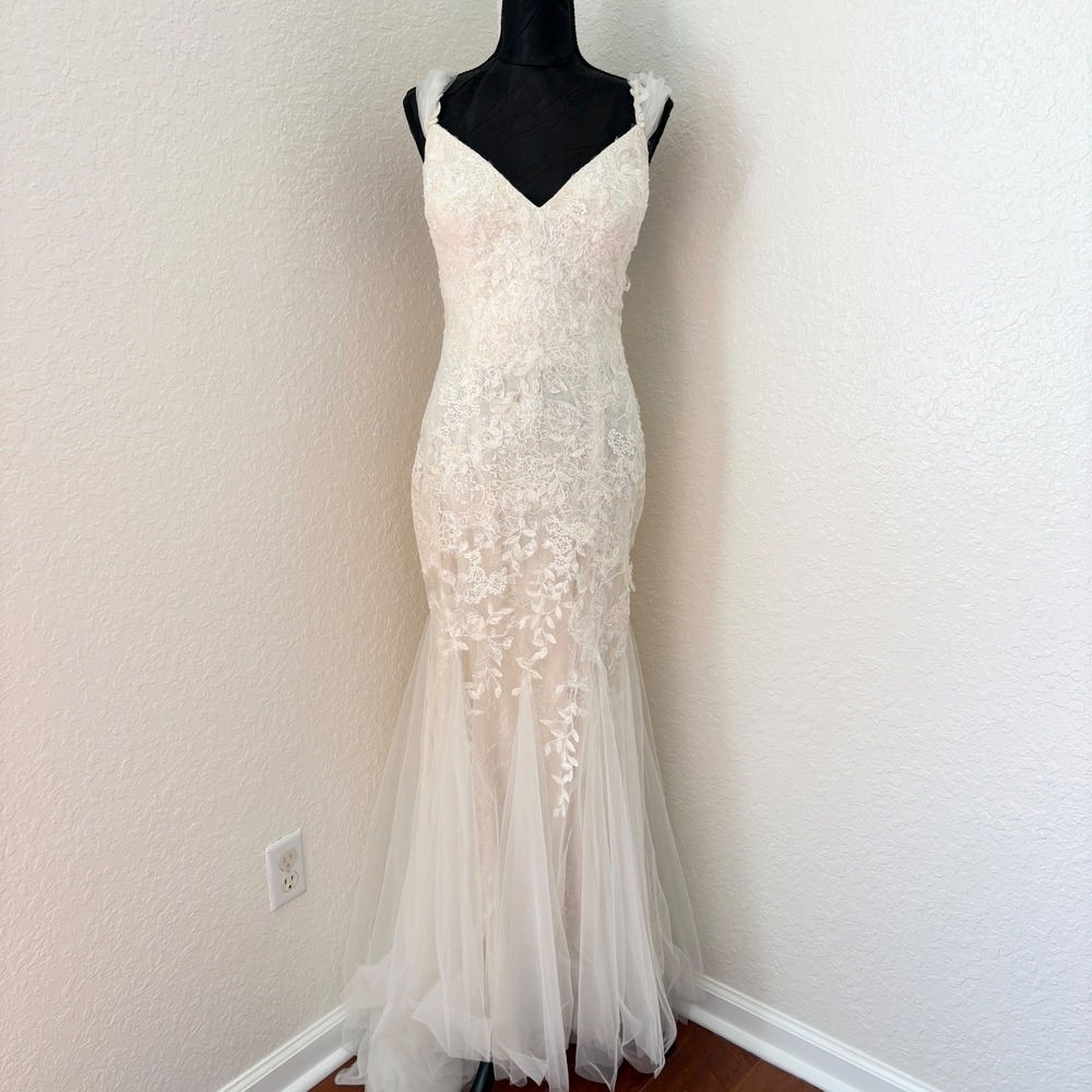 Melissa‎ Sweet Lace Tulle Trumpet Wedding Dress 14 Ivory Champagne MS251198